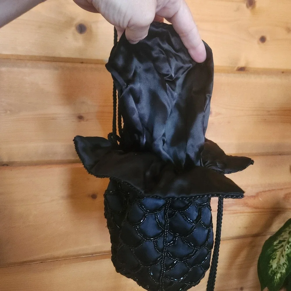 Vintage Magid Black Glass Bead Satin Drawstring Purse Rare HTF Evening Bag Pouch